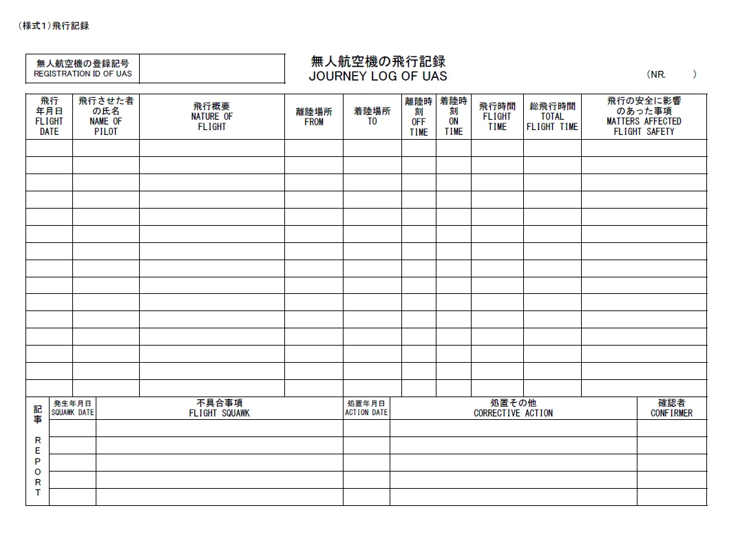 無人航空機の飛行記録（様式1）の記入様式サンプル。登録記号・飛行年月日・離着陸場所・飛行時間などの記入欄が並ぶ表