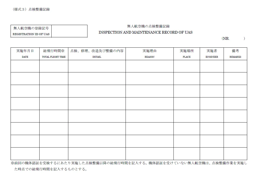 無人航空機の点検整備記録（様式3）の記入様式サンプル。実施年月日・総飛行時間・点検修理改造整備の内容・実施理由・実施者などの記入欄が並ぶ表