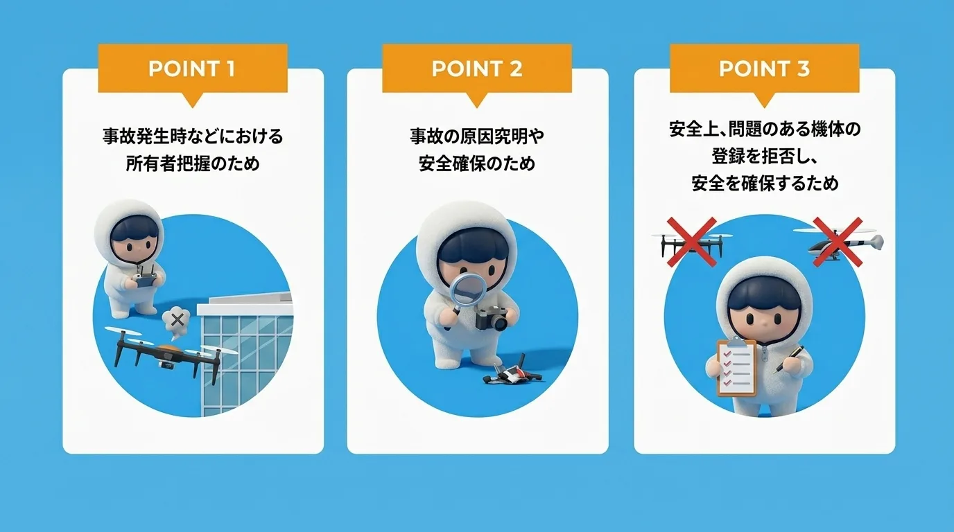 ドローン(無人航空機)の機体登録制度が創設された3つの目的を示すイラスト。①事故発生時などにおける所有者把握、②事故の原因究明や安全確保、③安全上問題のある機体の登録拒否