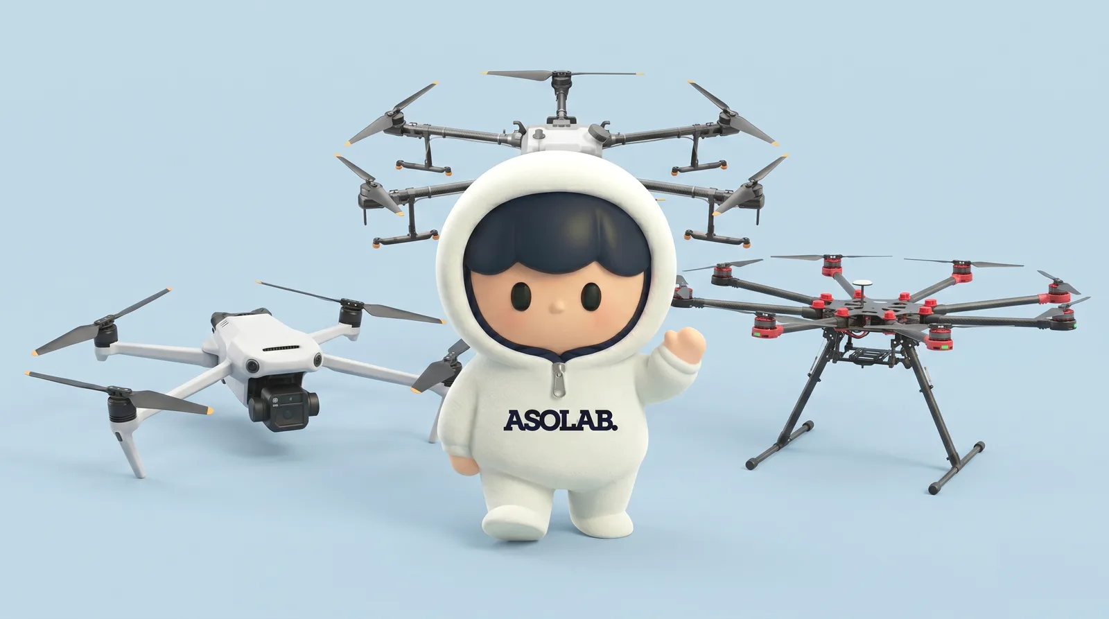 回転翼航空機(マルチローター)のドローンの例を示すイラスト。ローター数の異なる複数のマルチコプター機体(クワッドコプター・ヘキサコプター・オクトコプター)