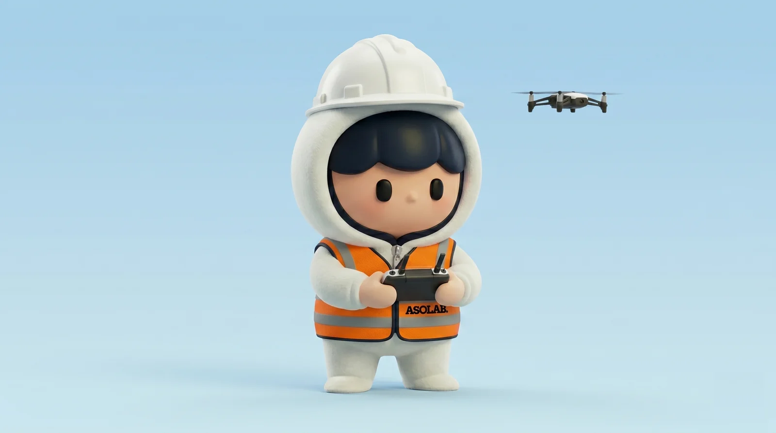 ヘルメットと安全ベストを着用したドローン操縦者のイラスト。送信機を持ち、上空のドローンを見守っている