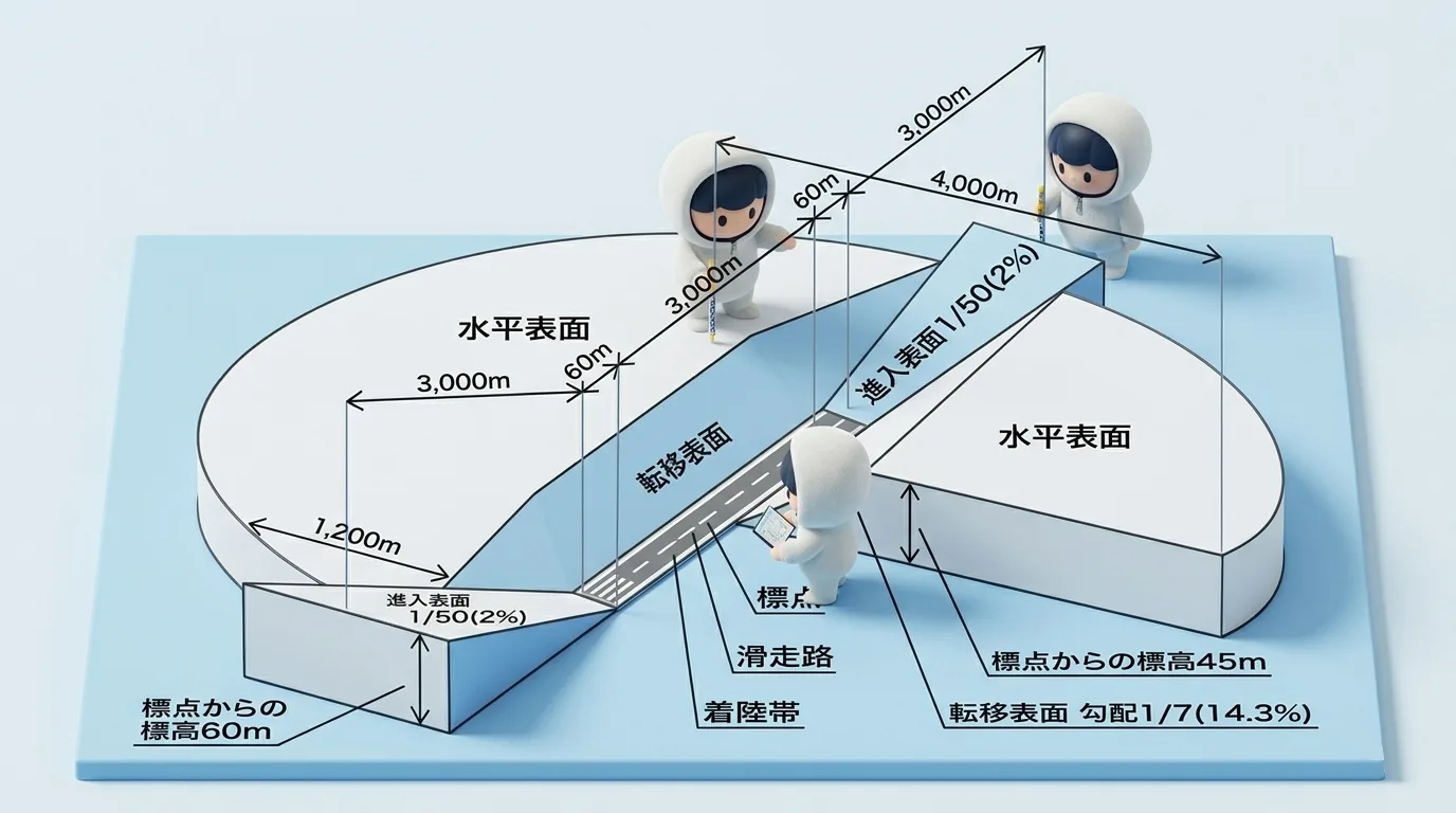 全ての空港に設定される制限表面(進入表面・水平表面・転移表面)の配置と寸法を示した立体イラスト。これらの表面の上空が飛行禁止空域となる