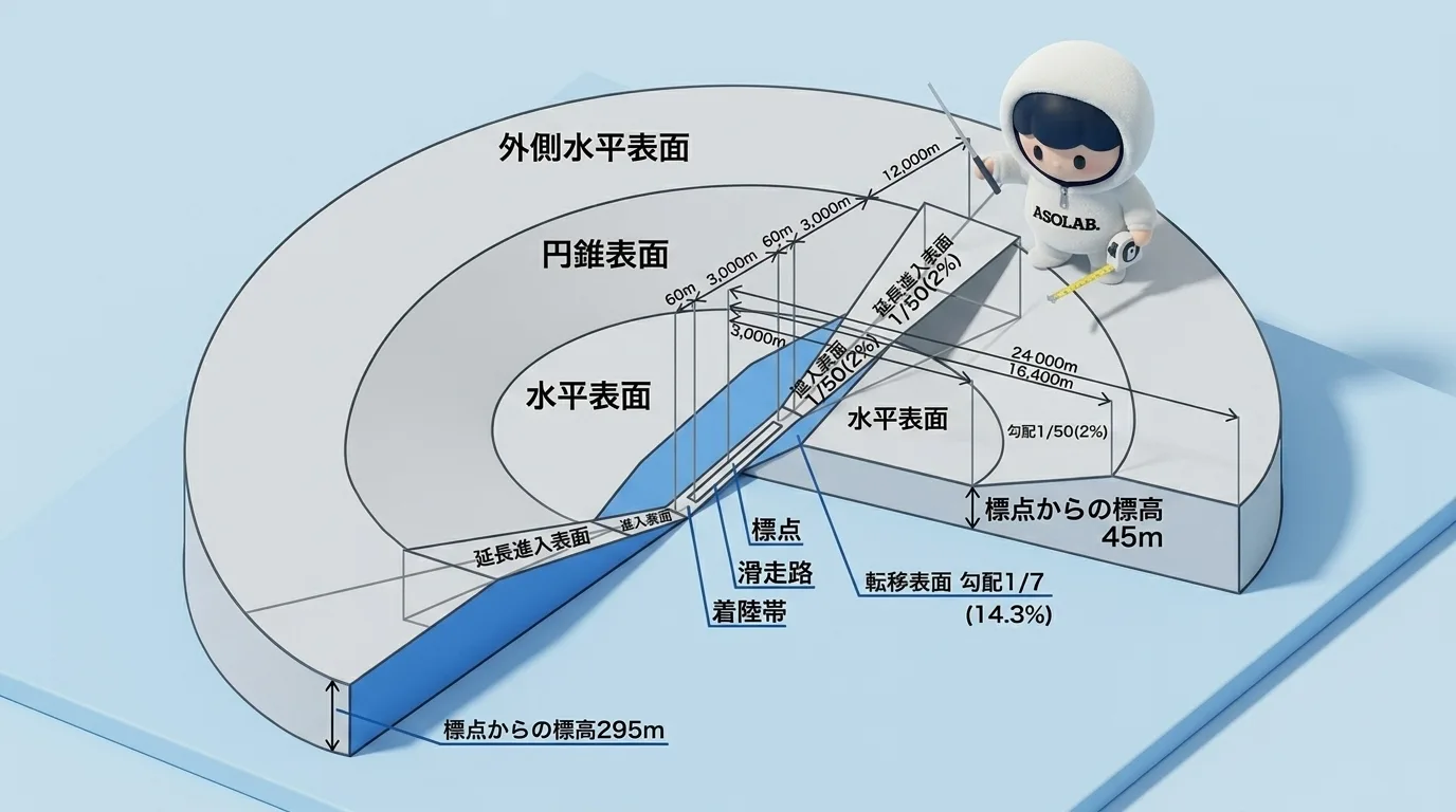 東京(羽田)・成田・中部・関西国際空港および政令空港で追加される制限表面(円錐表面・延長進入表面・外側水平表面)の配置と寸法を示した立体イラスト